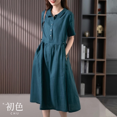 初色 日系棉麻風中大碼寬鬆襯衫領短袖連身裙中長裙洋裝-孔雀藍-67993(M-2XL可選)