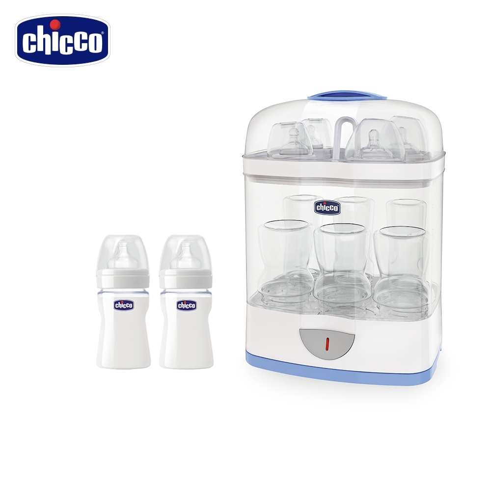 chicco-2合1電子蒸氣消毒鍋+舒適哺乳矽膠玻璃小奶瓶150ml*2