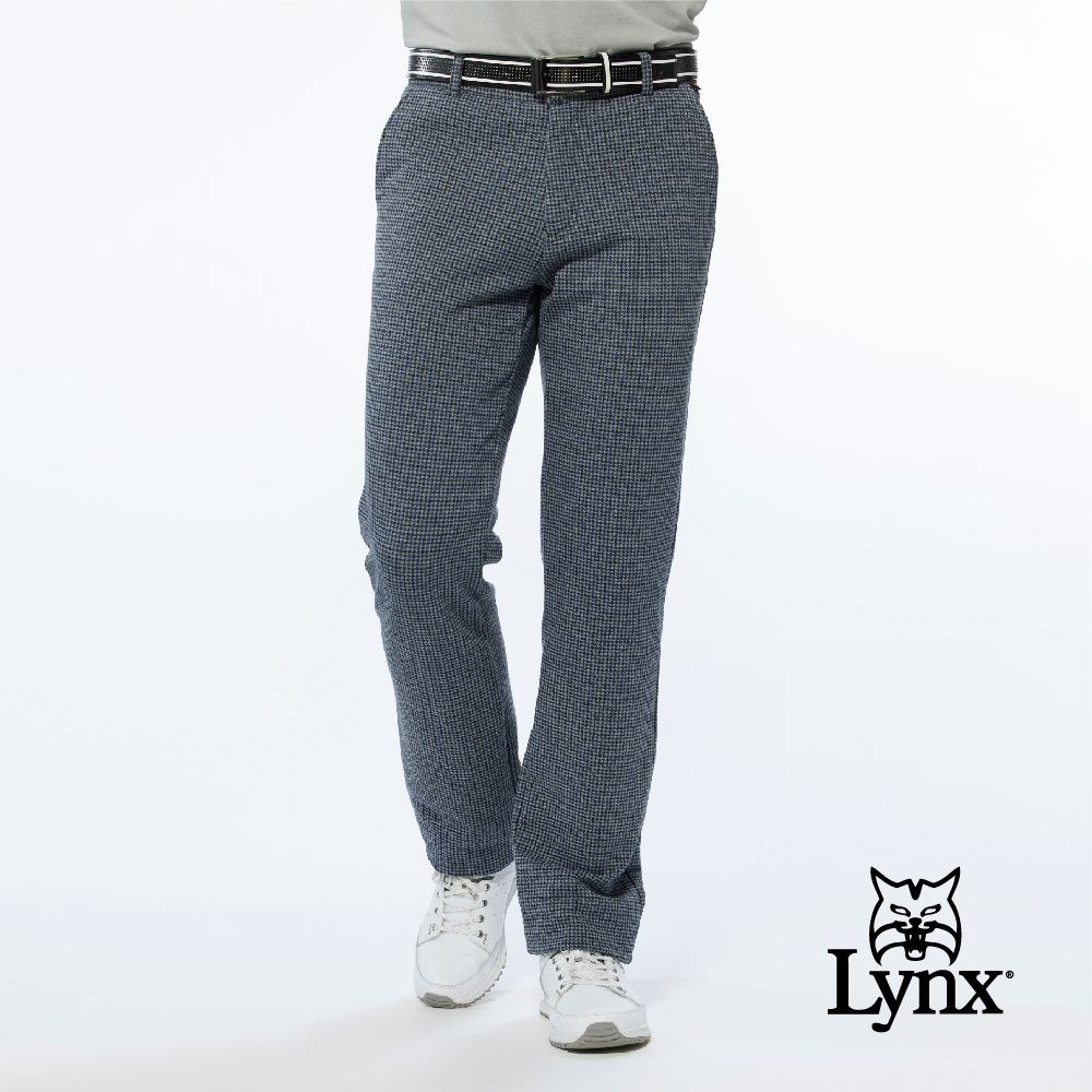 【Lynx Golf】男款日本進口布料千鳥紋路後袋配色織帶平口基本版休閒長褲-藍色