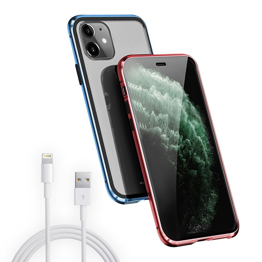 [買手機殼送充電線] iPhone 11 紅色款 金屬 透明 全包覆 磁吸雙面玻璃殼 (iPhone11手機殼 iPhone11保護殼 )