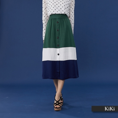 【KiKi】色塊拼接氣質-長裙(綠色)