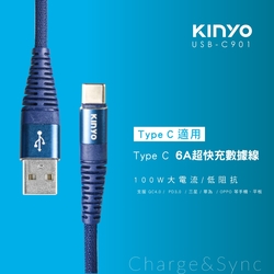 KINYO TpyeC 6A超快充線-1.2M USB-C901