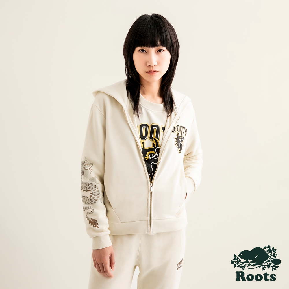 Roots 女裝-舞龍新春系列 短版連帽外套-杏仁奶白