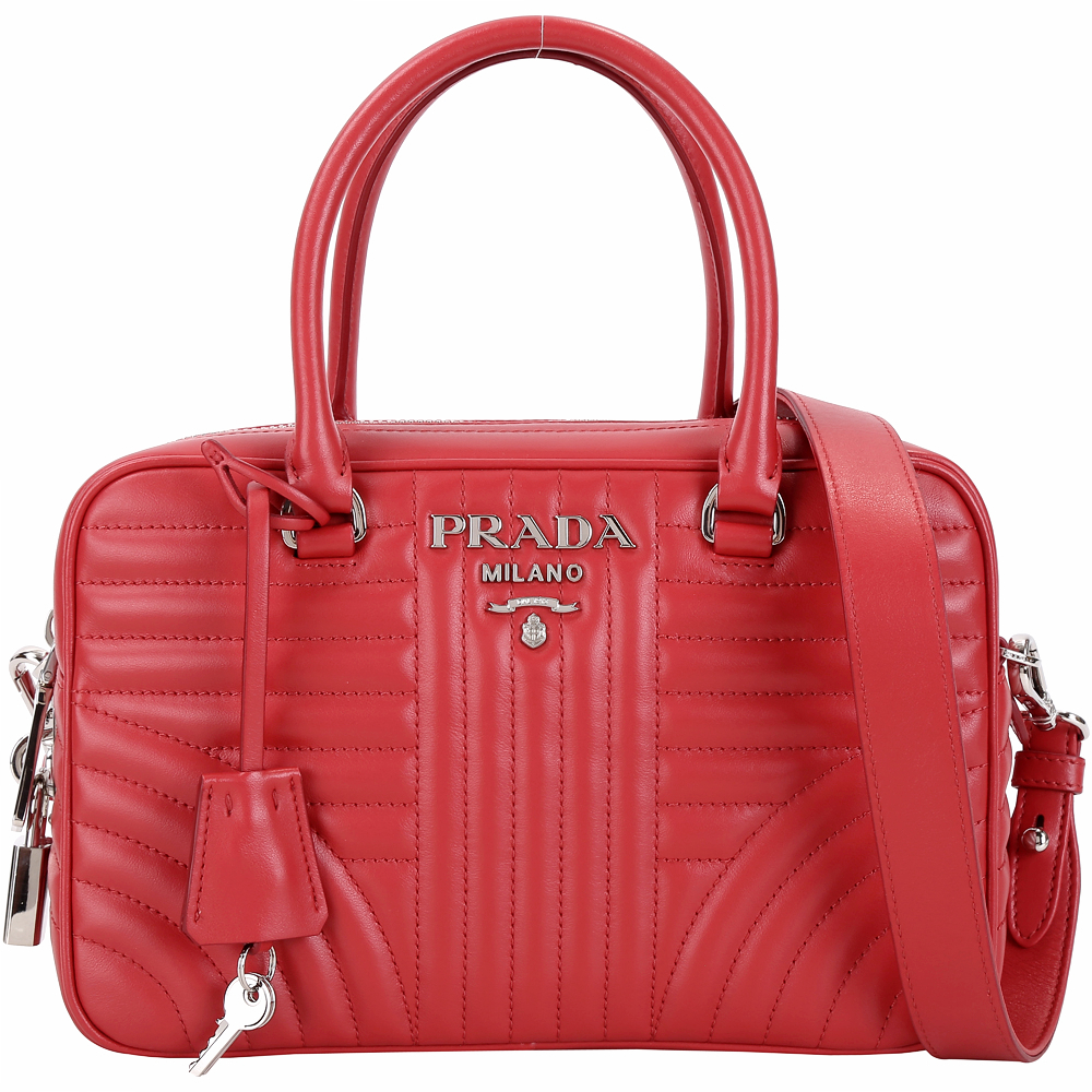 PRADA Diagramme 絎縫小牛皮保齡球托特兩用包(紅色)