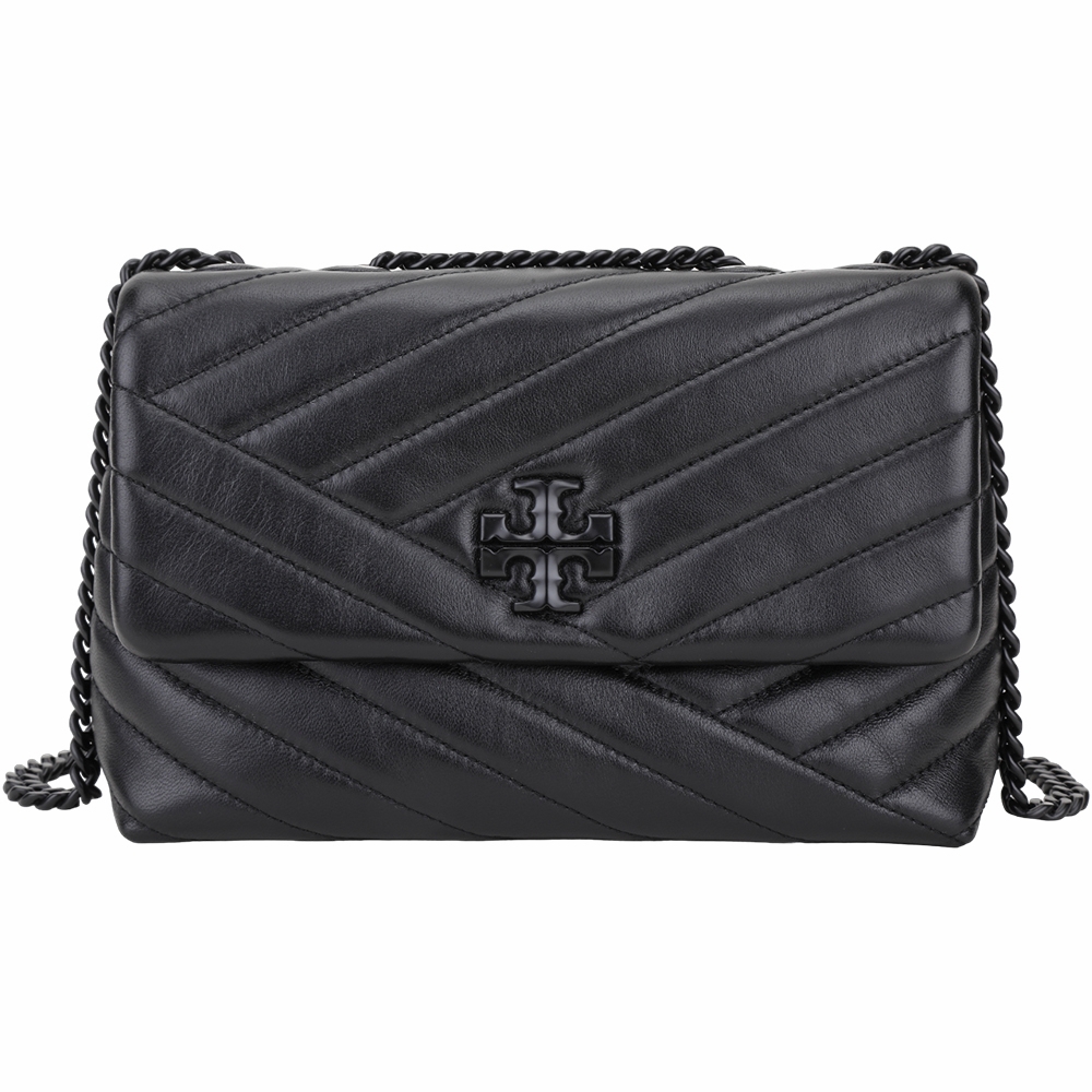 TORY BURCH Kira Chevron 小款 全黑絎縫小羊皮翻蓋式鍊帶肩/斜背包