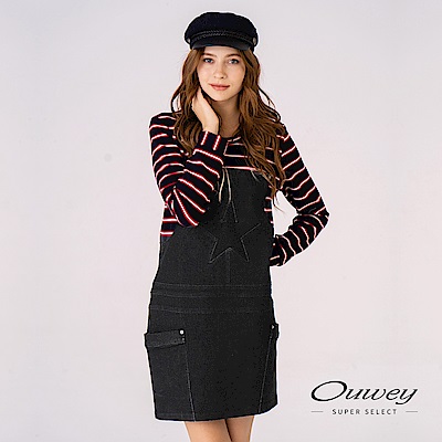 OUWEY歐薇 組織條紋針織布拼接牛仔布造型洋裝(黑)