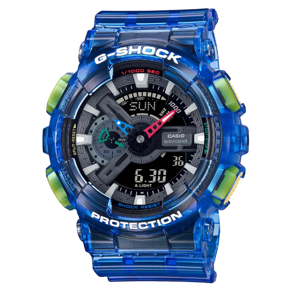 CASIO 卡西歐G-SHOCK 復古懷舊半透明繽紛大圓雙顯錶-藍GA-110JT-2A