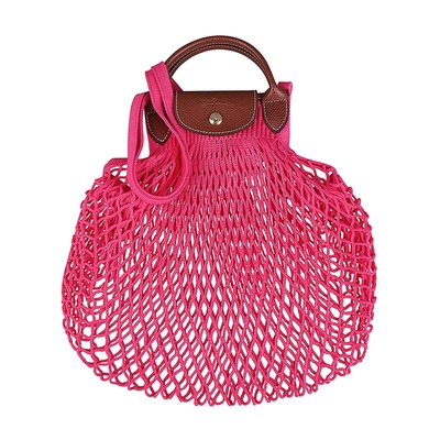 LONGCHAMP LE PLIAGE FILET壓印LOGO棉質飾牛皮邊釦式手提肩背漁網包(大/糖果粉)