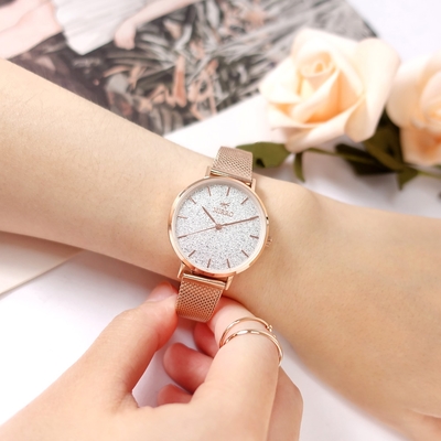 MIRRO 米羅 / 閃耀星沙 藍寶石水晶玻璃 米蘭編織不鏽鋼手錶-白x鍍玫瑰金/32mm