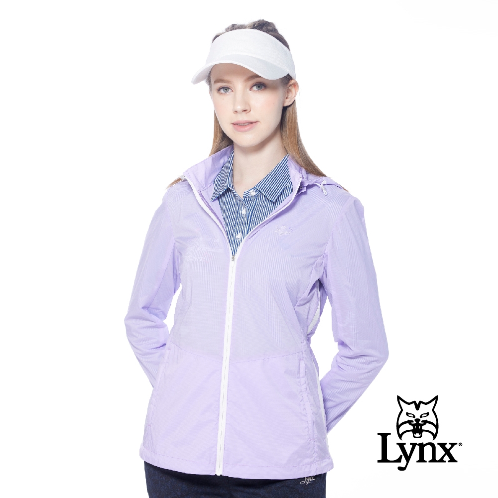 【Lynx Golf】女款抗UV輕量透氣拉鍊口袋脇邊剪裁設計可拆式連帽長袖外套-淺紫色