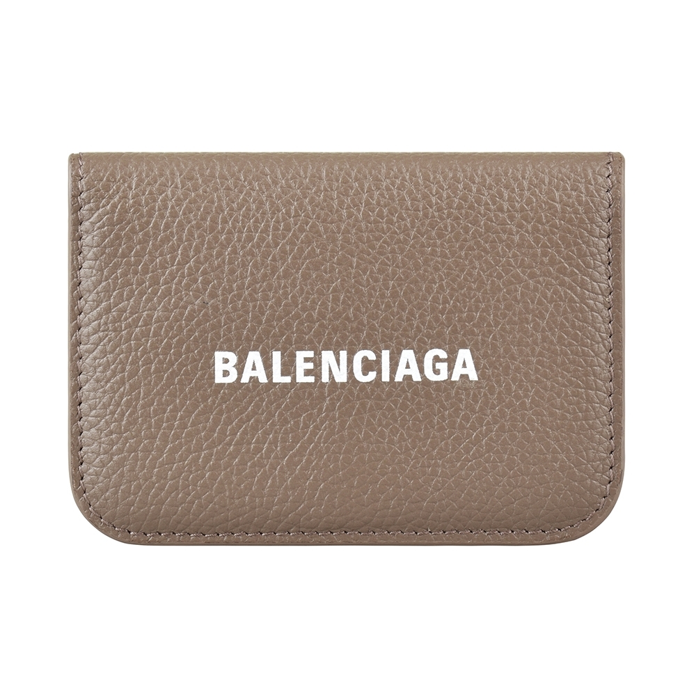 BALENCIAGA 白字燙印LOGO荔枝紋小牛皮3卡扣式三折短夾(迷你/淡棕)