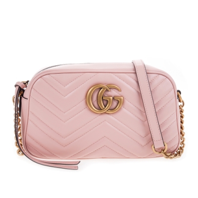 GUCCI 經典GG Marmont 復古風牛皮縫線拉鍊斜背包 (粉紅/中)