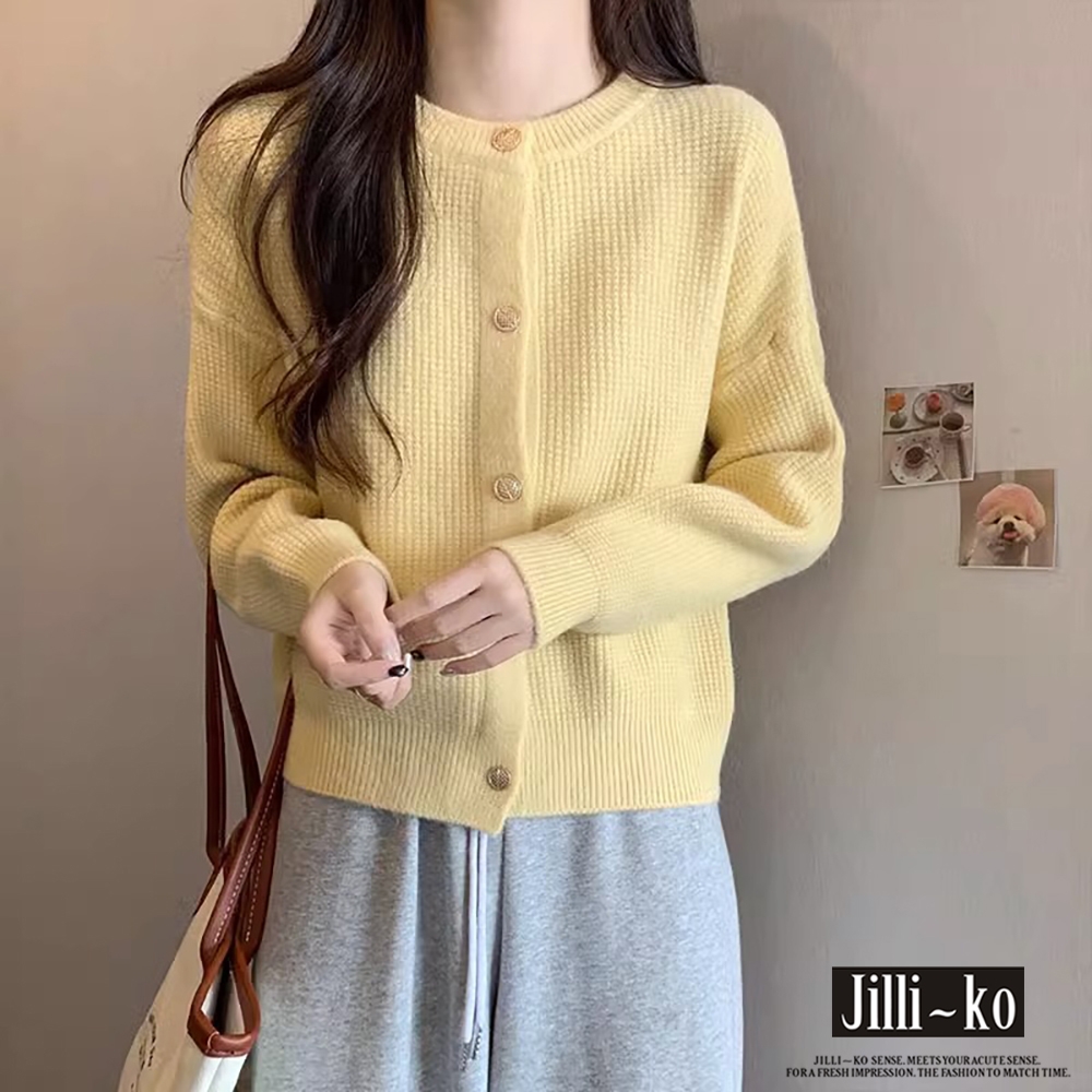 JILLI-KO 奶系甜美慵懶風針織開衫女短款毛衣外套針織外套- 黃/粉/藍