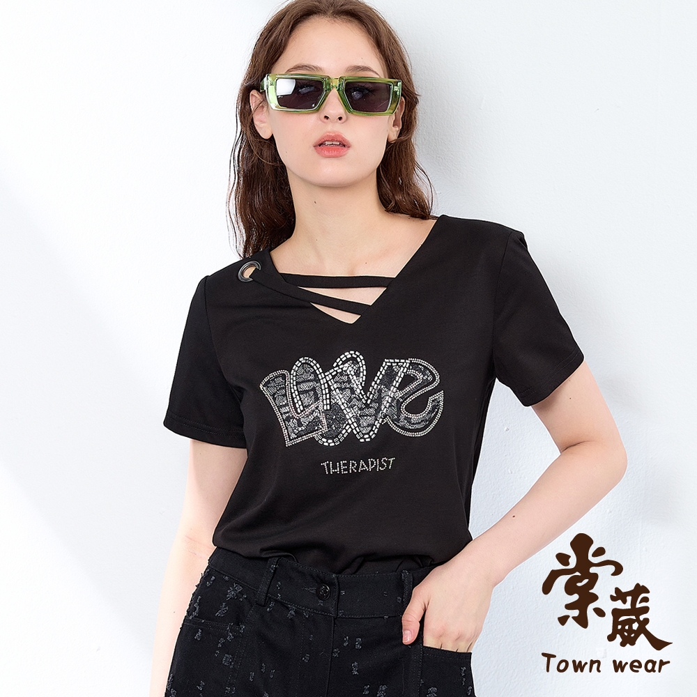 【TOWNWEAR棠葳】時尚鑽字棉質上衣(中大尺碼/女上衣/女上著/鑽飾/短袖/鏤空)