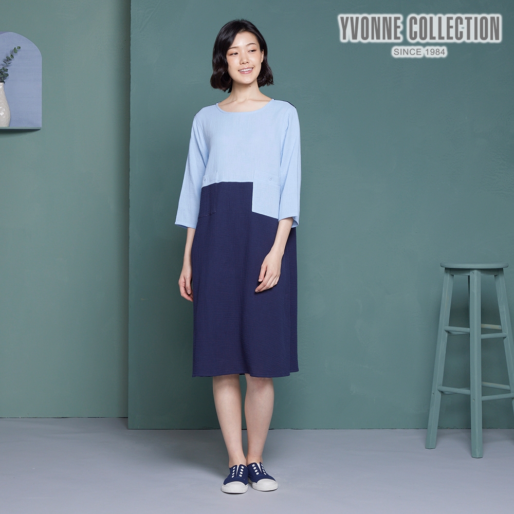 YVONNE COLLECTION 雙色雙層紗七分袖洋裝-藍