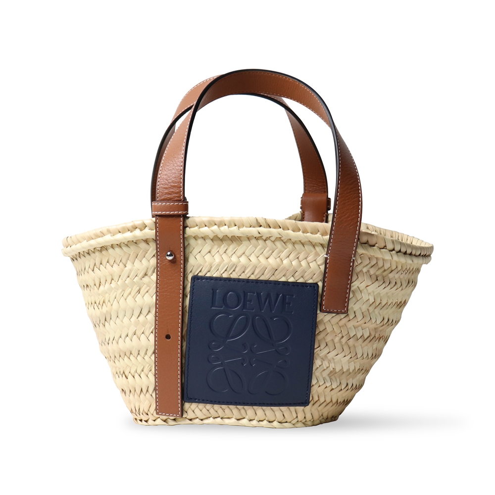 LOEWE Basket 經典LOGO烙印皮革竹編提籃手提/肩背包(小-深藍)