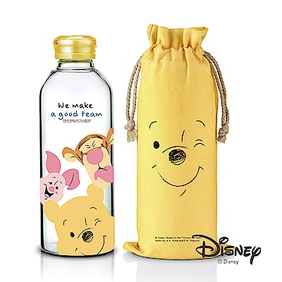 迪士尼Disney微笑維尼好朋友耐熱玻璃瓶袋組1L(快)