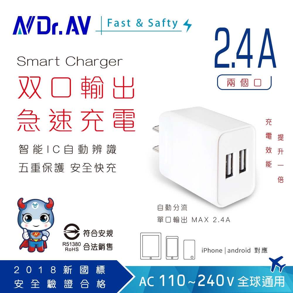 【N Dr.AV聖岡科技】 USB-522 2.4A 2USB極速充電器/充電頭/USB/轉接頭/Apple/Andrio/手機充電器/快速充電器/手機