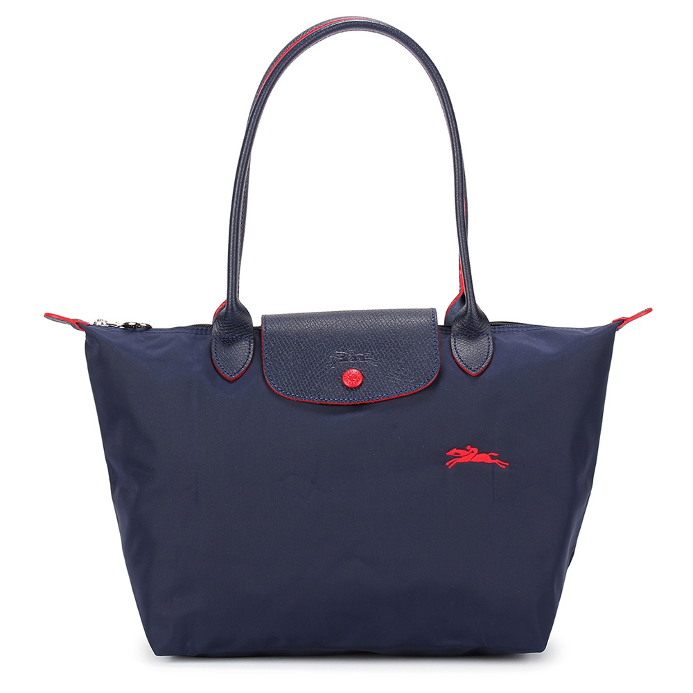 LONGCHAMP Le Pliage Club 經典刺繡LOGO長提把小型尼龍水餃包-深藍/紅色