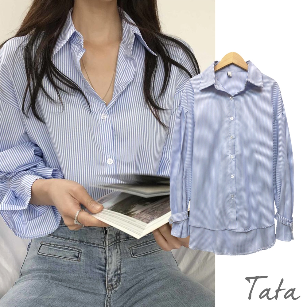 條紋泡泡袖寬鬆襯衫 共二色 TATA-F