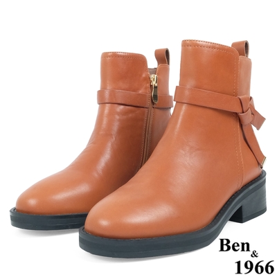 Ben&1966高級頭層牛皮交叉側帶素面踝靴-焦糖橘(237132)