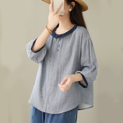 【LANNI 藍尼】現+預 日系雙層棉紗七分袖襯衫(休閒/短袖/透氣)