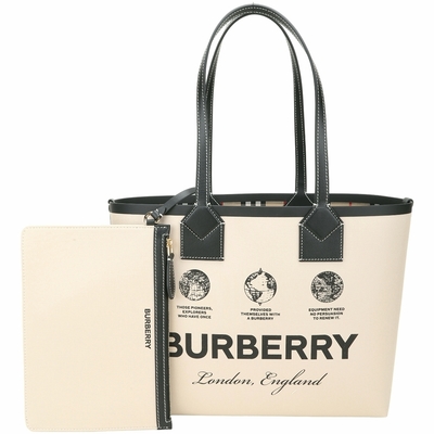 BURBERRY London 小款 標籤印花棉質拼小牛皮托特包(附萬用包/米杏色)