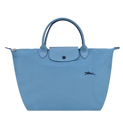 LONGCHAMP LE PLIAGE CLUB系列刺繡短把尼龍摺疊水餃包(中/雷雨藍)