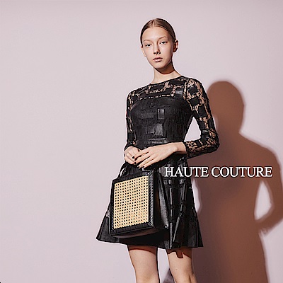 Haute Couture 高定系 設計款小羊皮拼接蕾絲造型禮服洋裝-黑