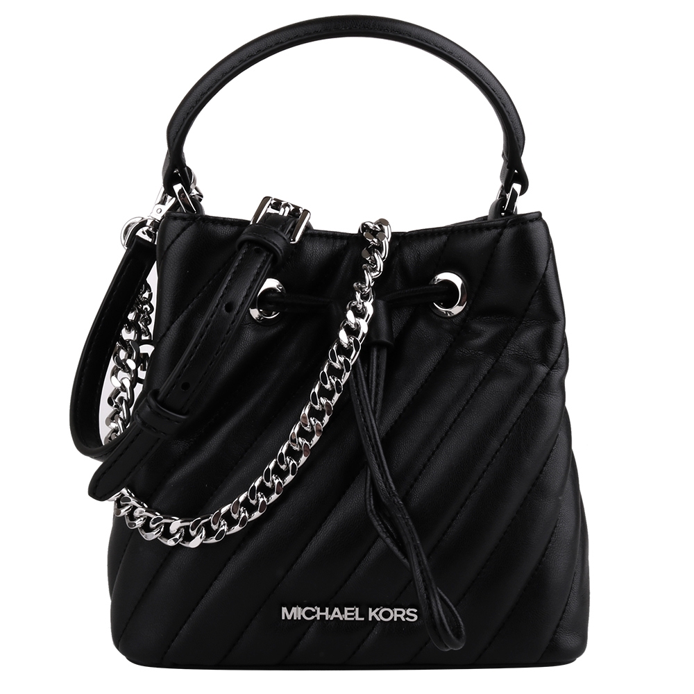 MICHAEL KORS 銀字斜紋皮革手提/斜背束口水桶包(黑色)mini