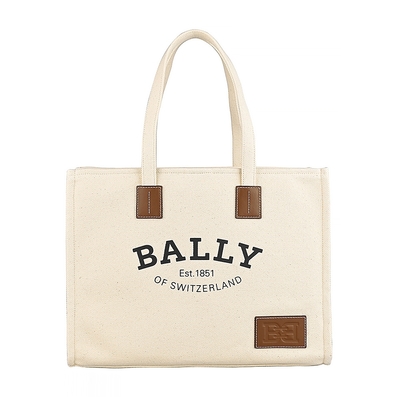 BALLY Crystalia壓印皮標LOGO簡約字母帆布磁釦式手提肩背托特包(大/米白)