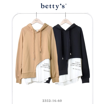 betty’s貝蒂思 假兩件下擺印花落肩連帽抽繩T-shirt(共二色)