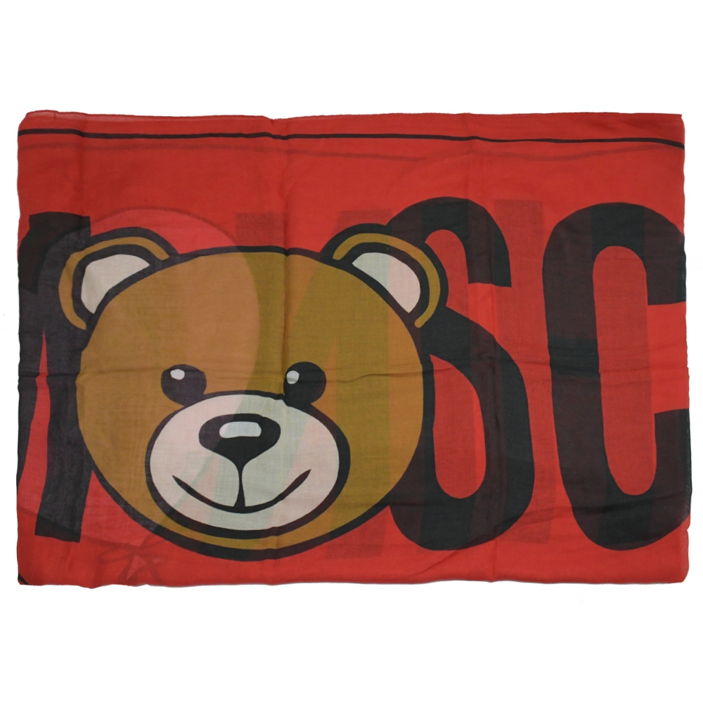 MOSCHINO 經典泰迪熊LOGO撞色絲質圍巾(紅 70*180)
