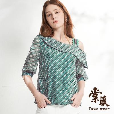 【TOWNWEAR棠葳】幾何印花透膚袖露肩上衣(中大尺碼/女上衣/刺繡/蕾絲/肩帶/翻領)