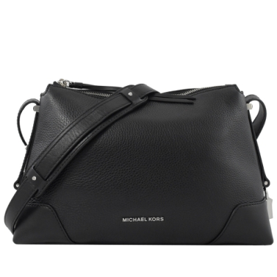 MICHAEL KORS Crosby 金屬LOGO牛皮拉鍊斜背包(黑)