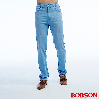 BOBSON 男款高腰彈性淺藍直筒褲