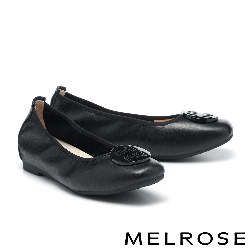 平底鞋 MELROSE 美樂斯 沉穩典雅造型釦牛皮方頭平底鞋－黑