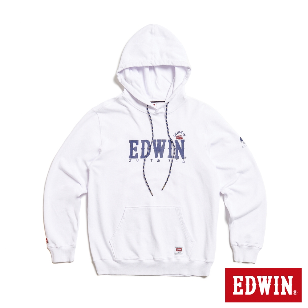 EDWIN 經典印花加小車圖騰連帽長袖T恤-男-白色