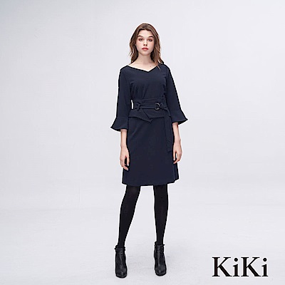 KiKi INLook 小V領喇叭七分袖腰封小洋裝(深藍色)