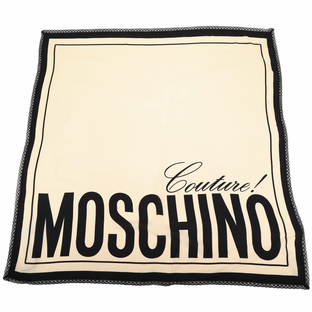 MOSCHINO 字母蕾絲邊膚黑色雪紡感真絲方巾(90x90)