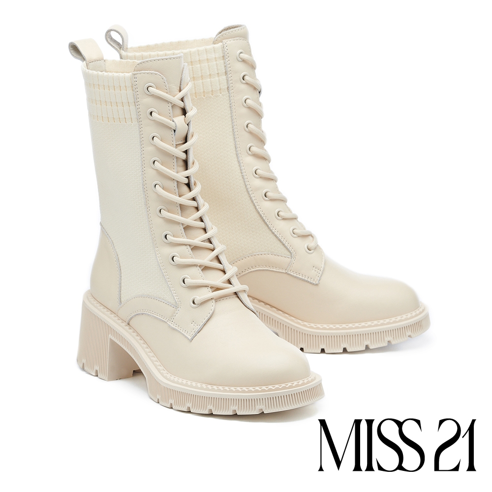(時尚美靴)短靴  MISS 21 荒野怪美異材質拼接綁帶牛皮粗高跟短靴－白