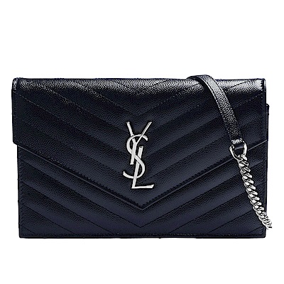 YSL MONOGRAM系列V字縫線魚子醬牛皮金屬LOGO銀鍊手拿/肩背包(深藍)