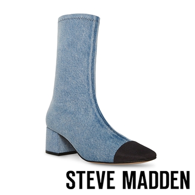 STEVE MADDEN-ELISHA 拼接粗跟窄口短靴-牛仔藍