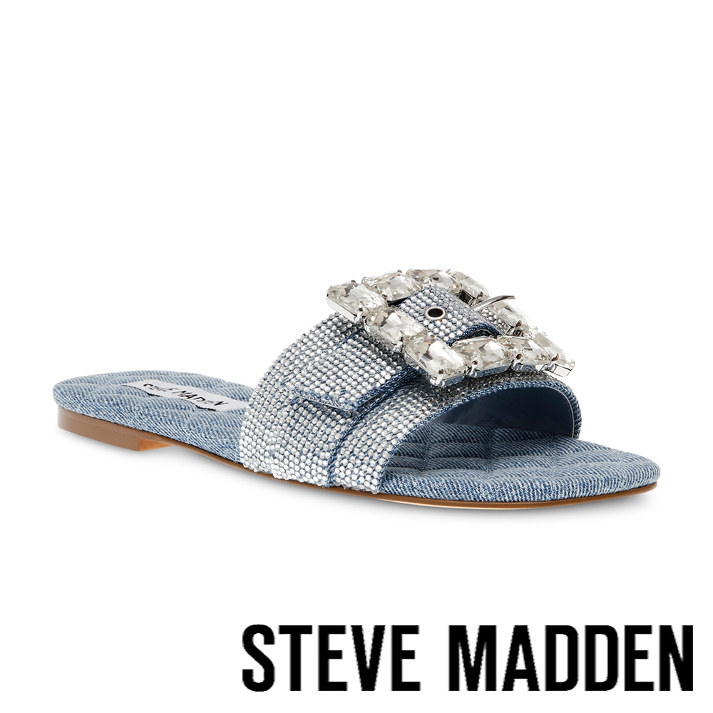 STEVE MADDEN-GETAWAY-R 方釦鑽面平底拖鞋-牛仔藍