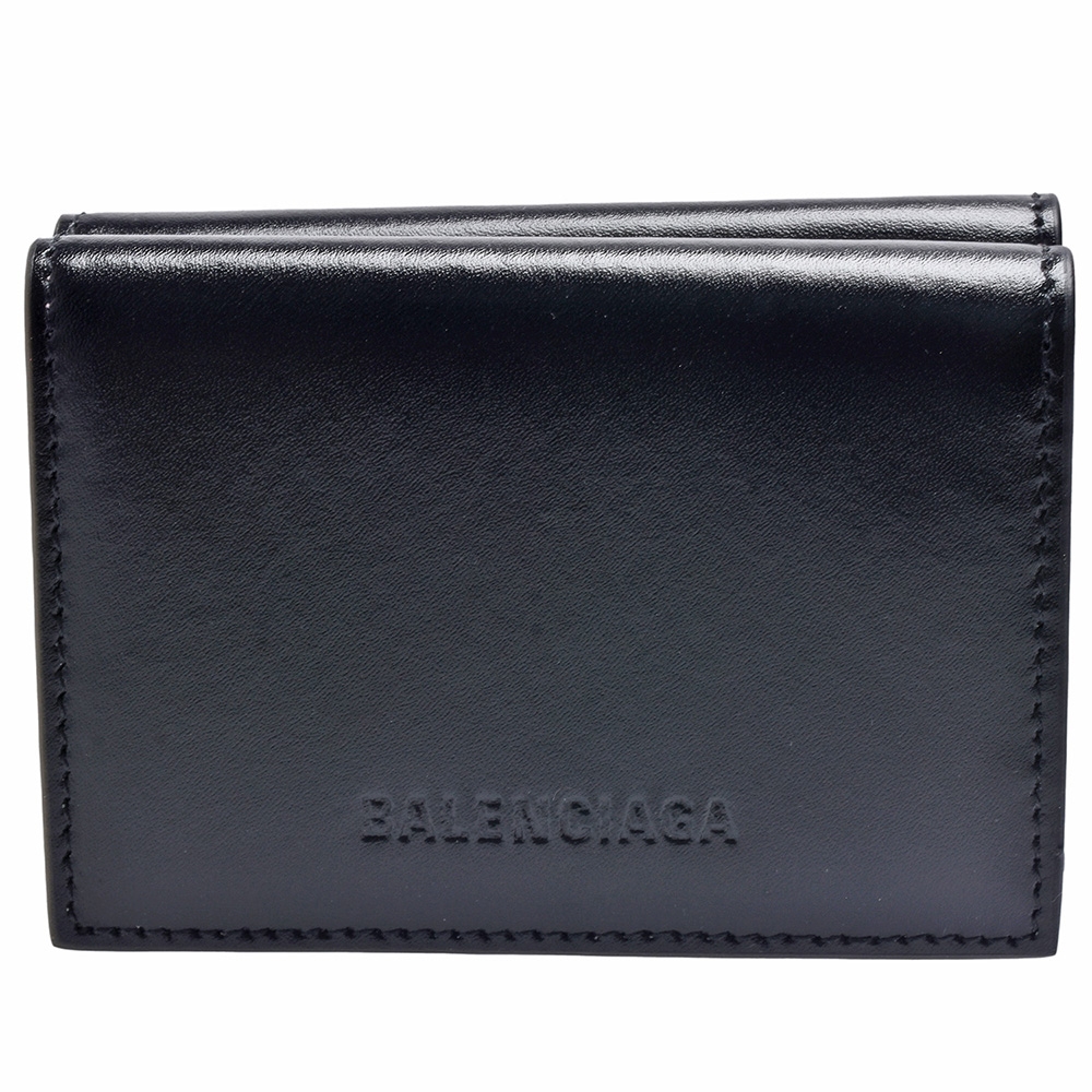 BALENCIAGA 經典品牌字母LOGO烙印小牛皮暗釦三折短夾(黑/粉)