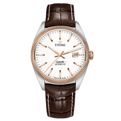 TITONI 梅花錶 官方授權 宇宙系列 浪花機械皮革腕錶-男錶(878 SRG-ST-606)39mm