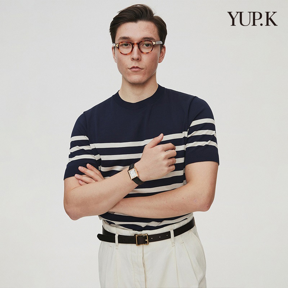 YUP.K 條紋拼接休閒型男短袖針織衫(KDTY-G32) (藍色)