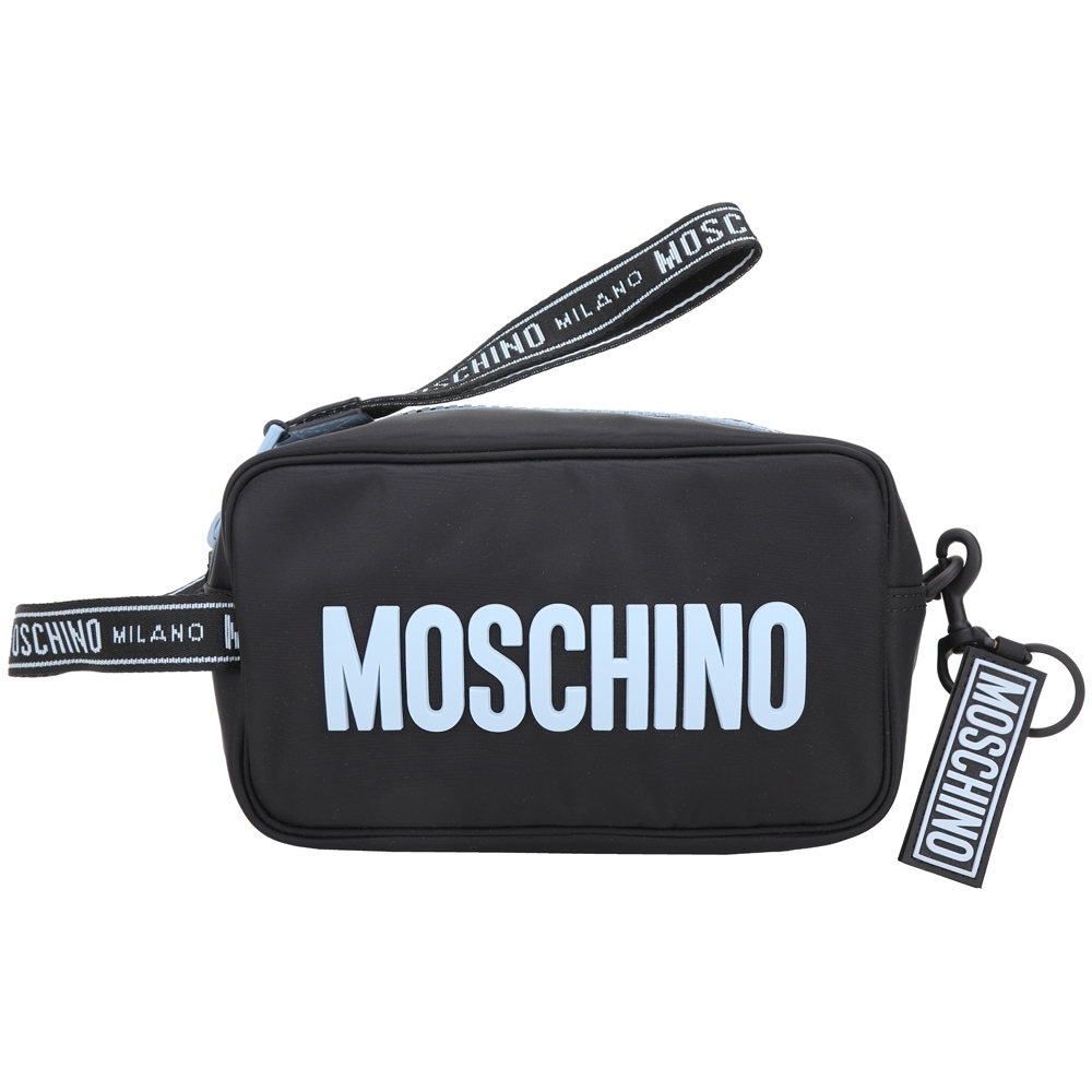 MOSCHINO 矽膠字母標誌尼龍拚牛皮手提包(水藍)