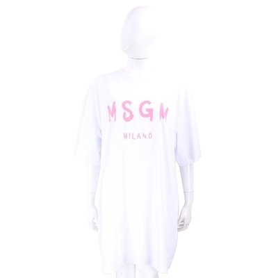 MSGM 塗鴉粉字母白色短袖長版TEE 洋裝