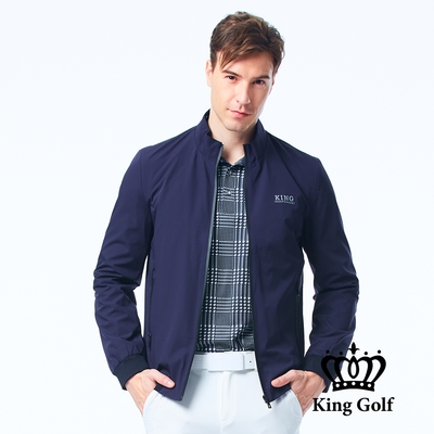 【KING GOLF】男款中厚防風防水素面立領下擺羅紋拼接高爾夫球夾克外套-深藍色